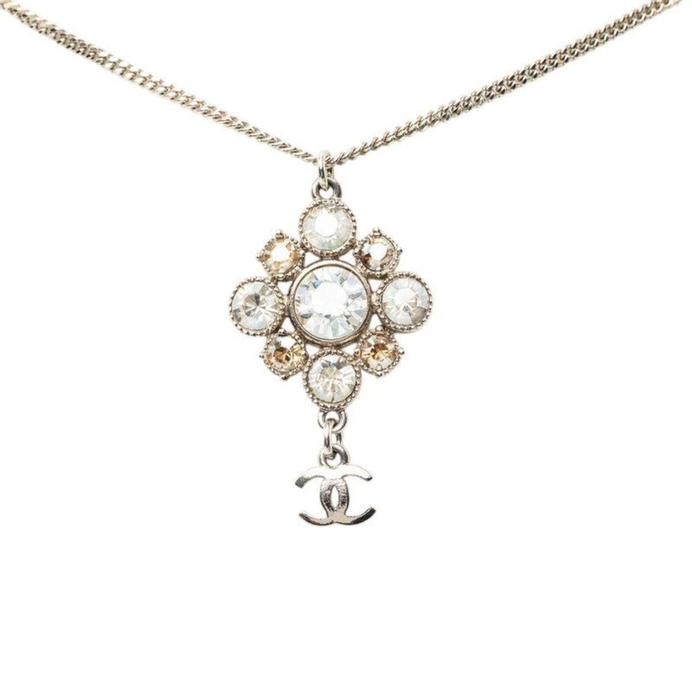 Chanel Coco Mark Flower Motif Rhinestone Metal Pendant Necklace